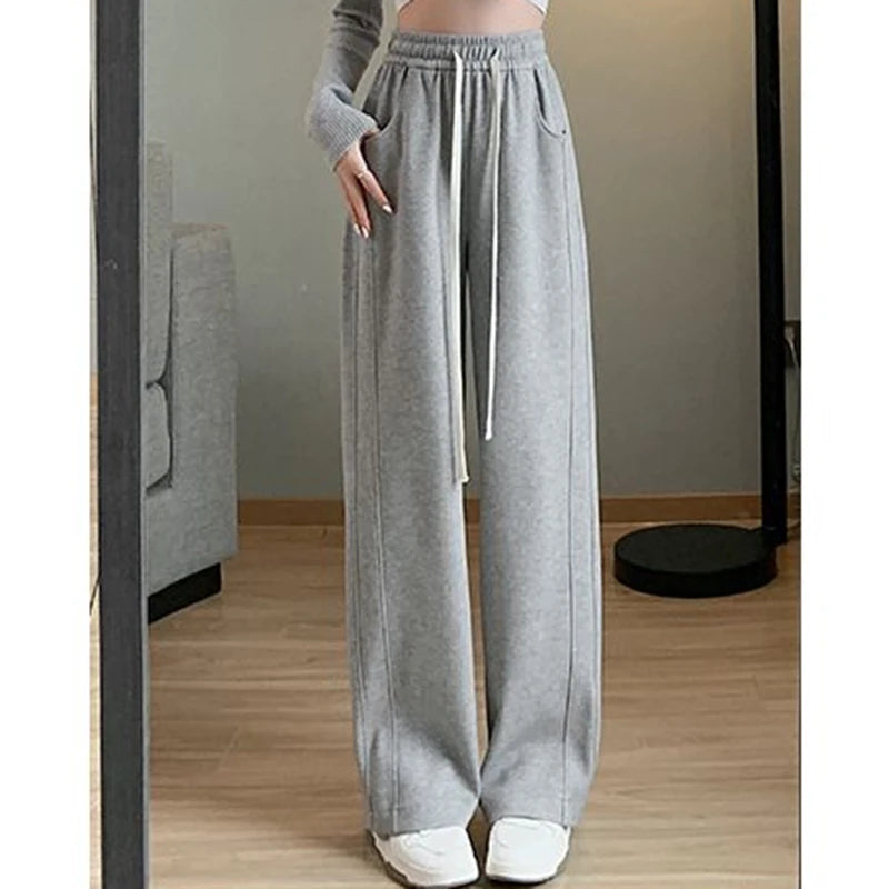 2024 Women High Waisted Leisure Loose Pants Girls Casual Straight Leg Slacks Female Baggy Light Grey Khaki Beige Black Trousers