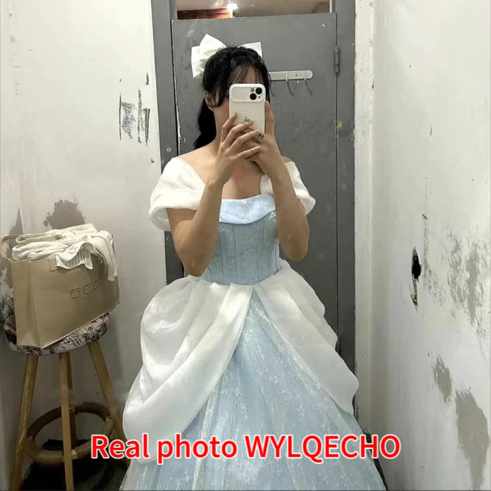 Blue Prom Dress Engagement Jacquard Dress France Vintage Sweet Korean Princess Fairy Dress Evening Party Dress