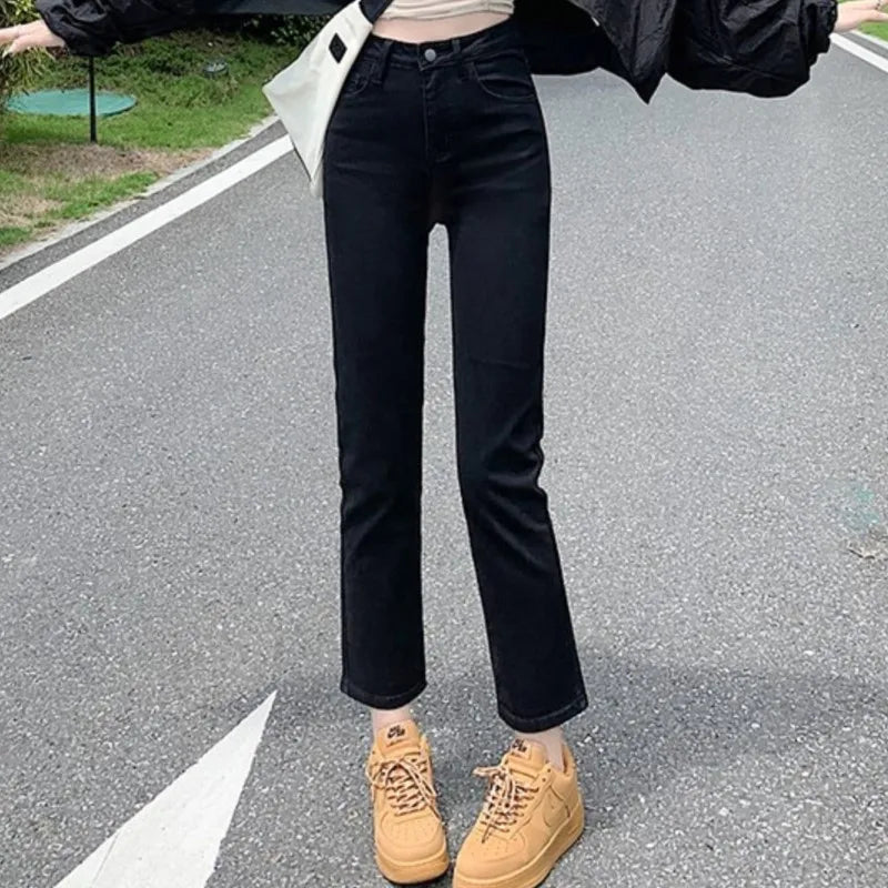 High Waisted Straight Slim Elastic Denim Jeans For Women Smoke Pipe 9,8 Pants Casual Brand Sexy Trousers Female