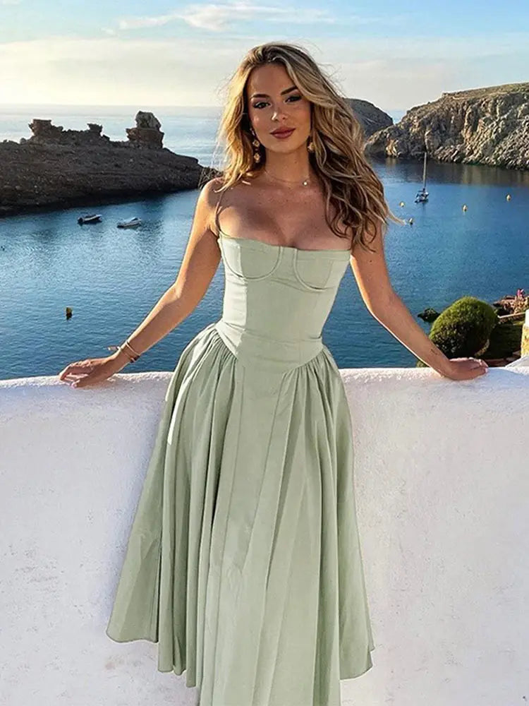 Sexy Solid Pleated Hem Sling Dress Women Fashion Midi Sleeveless Backless Dresses Female 2024 Summer Party Evening A-line Robes - Seprincess