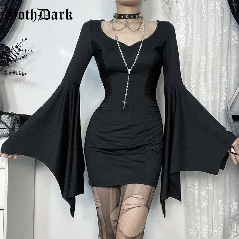 goth dark Cospaly Partywear Women Fashion Batwing Sleeve Mini Dress Elegant Slim Pleat Bodycon Dresses Mall Gothic Alt Teachwear - Seprincess