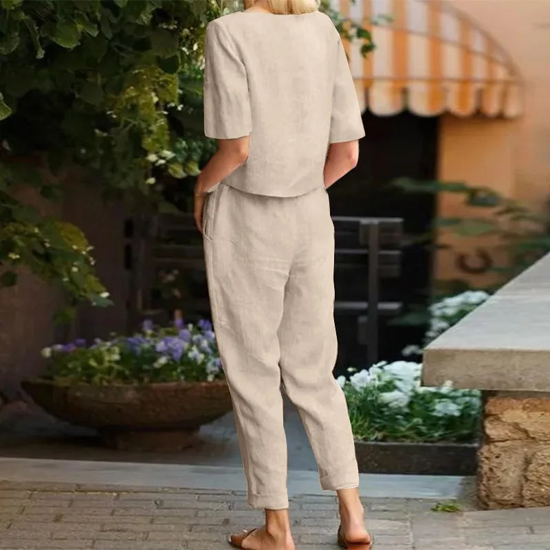 Women's Pullover Shirt And Pants Two-piece Set 2024 Women's Cotton And Linen Summer Suit Short Sleeved O-neck Outfit Pants - Seprincess