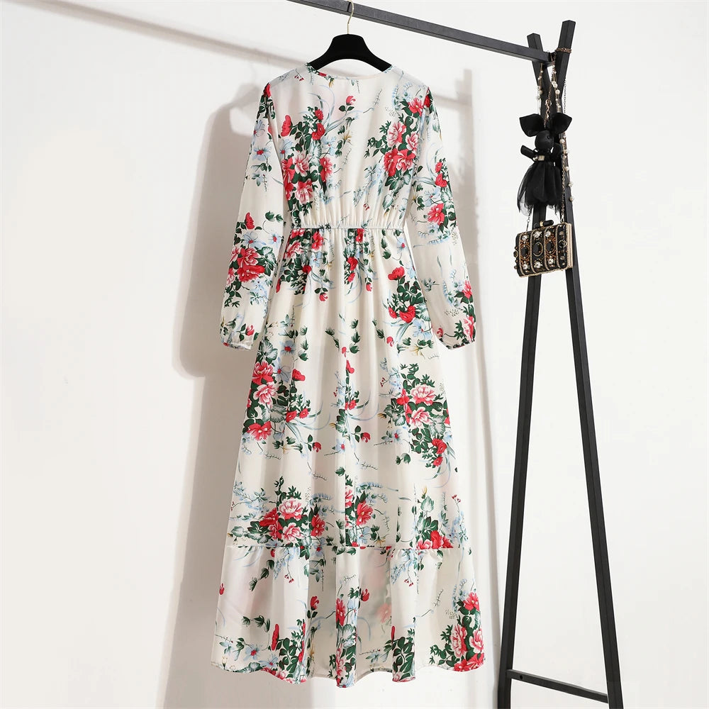 Spring Summer Women Maxi Dresses Office Lady Long Sleeve Floral Printed O-neck Woman Bohe Beach Party Long Dress Mujer Vestidos - Seprincess