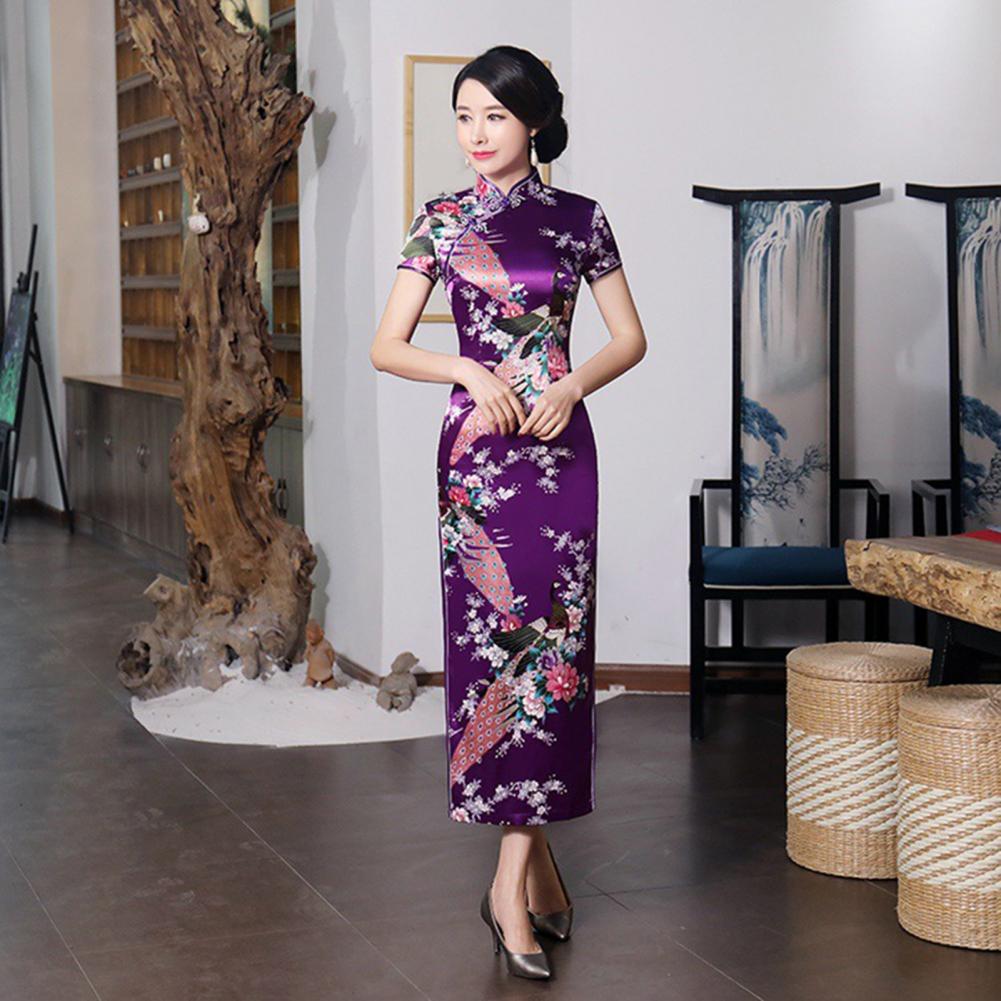 Chinese Style Qipao Satin Cheongsam Floral Embroidery Classic Wedding Evening Party Dress High Split Silky Plant Lady Dress - Seprincess