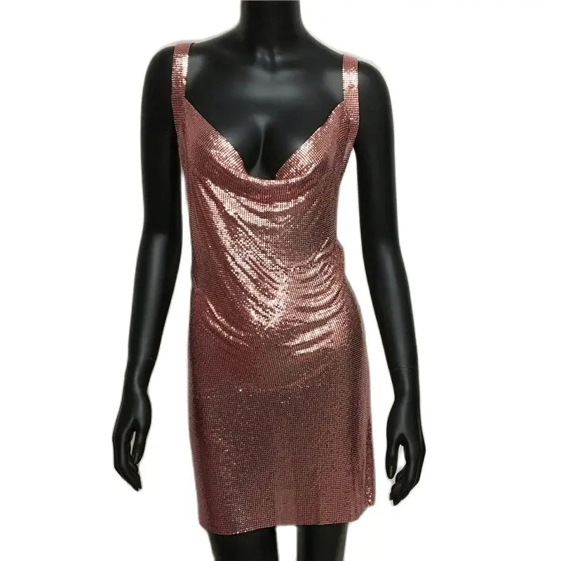 Sexy Metallic Sequin Mini Dress For Women Backless Cocktail Club Glitter Low Cut Halter Dress Rave Party Nightclub Dresses - Seprincess