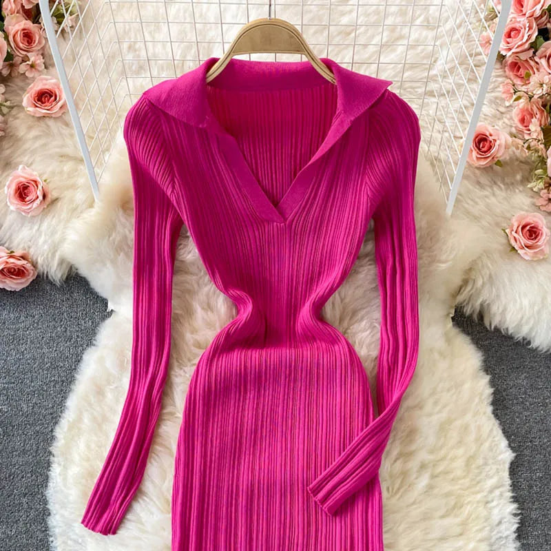 Women Korean Knitted Dress Long Sleeve V Neck Elastic Slim Pencil Dresses 2024 Autumn Sexy Bodycon Split Sweater Dress - Seprincess