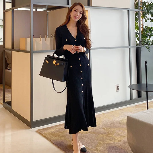 Vintage Korean Maxi Dresses for Women Party Long Sleeve V-neck Mermaid Dress Elegant Fashion Ladies Vestidos Femme Autumn 2023 - Seprincess