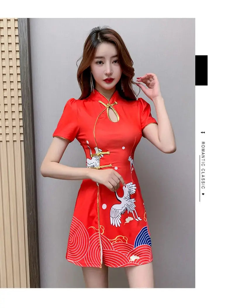 Women Chinese Style Retro Improved Temperament Printing Cheongsam Modern Dress Blue Chinese Qipao Dresses for Women - Seprincess