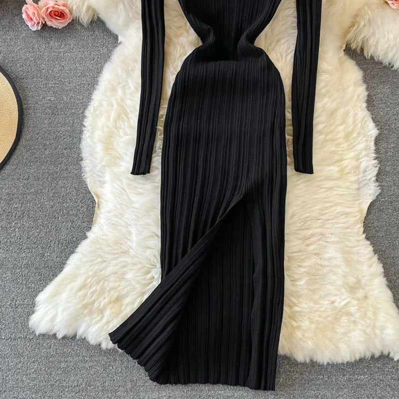 YuooMuoo Chic Fashion Sexy Wrap Hips Split Knitted Autumn Dress Women V-neck Slim Elastic Bodycon Long Dress Streetwear Outfits - Seprincess