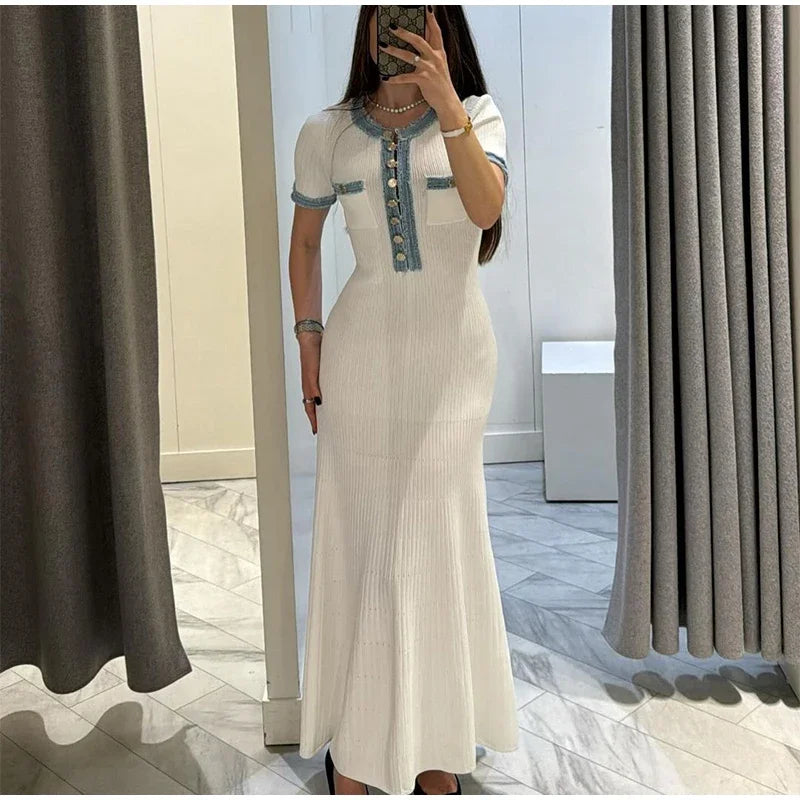 Elegant Contrasting Women Knit Maxi Dress Chic O-neck Short Sleeve Metal Buttons Bodycon Dresses 2024 Office Lady Commuting Robe - Seprincess