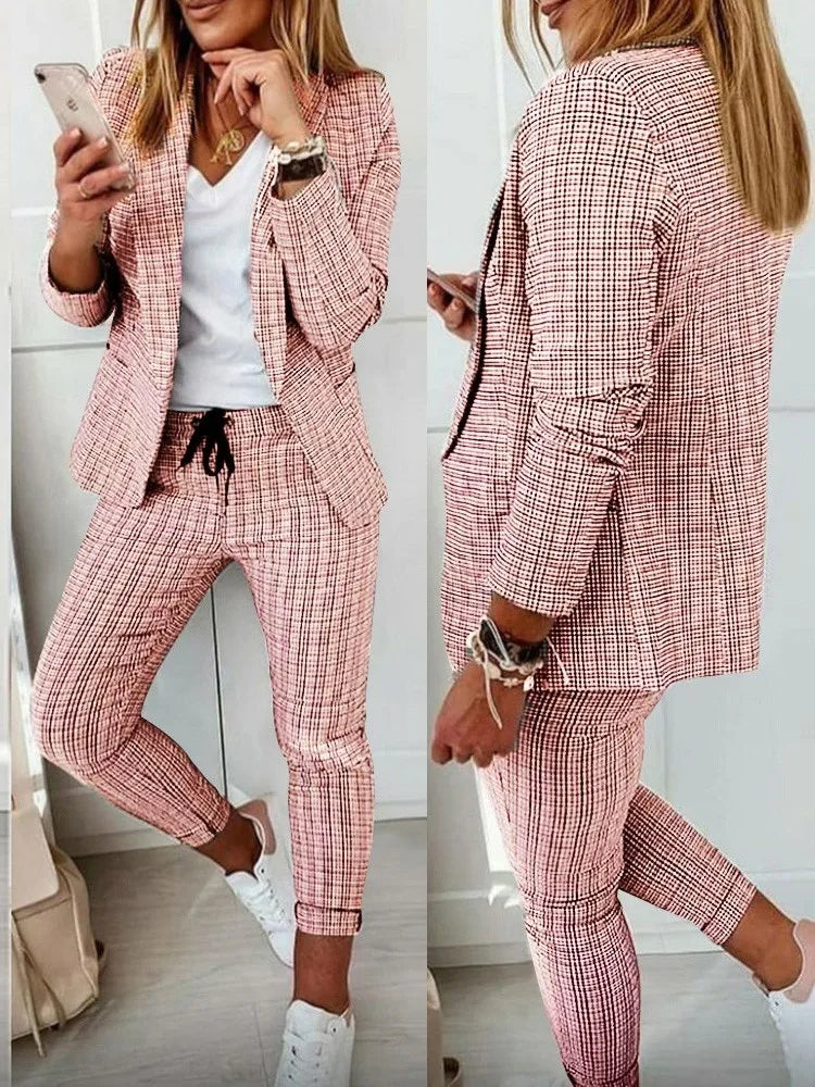 New Autumn Winter Plaid Printing Two Piece Sets Women Casual Notched Collar Blazer & Pants Set Outfits Fashion Elegant Suit Sets - Seprincess