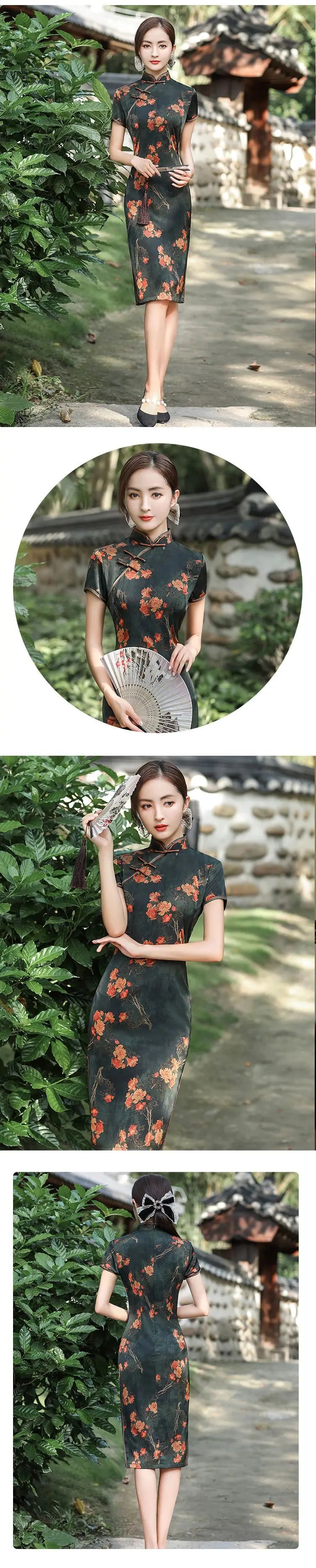 Elegant Print Female Qipao Traditional Classic Chinese Dress Asian Clothing Sexy Slim Short Cheongsam Mandarin Collar Vestidos - Seprincess