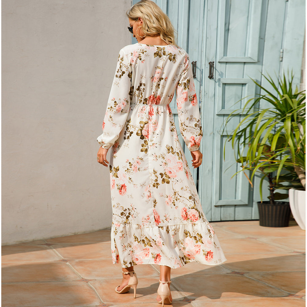 Women Maxi Dresses Sping Autumn Bohemian Casual Full Sleeve High Waist Beach Woman Chiffon Dresses Floral Vestidoes Long Dress - Seprincess