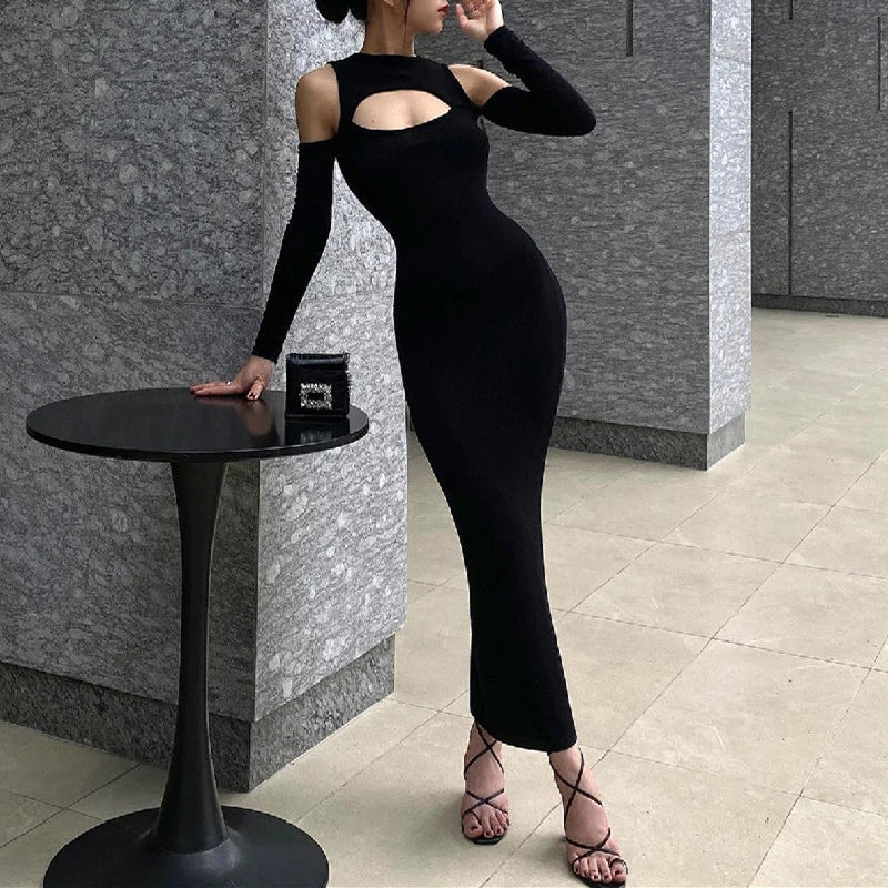 Xeemilo Elegant Hollowed Off Shoulder Maxi Dress Black Sexy Long Sleeve Split Dresses 2022 Women Slim Fitting Evening Party Robe - Seprincess