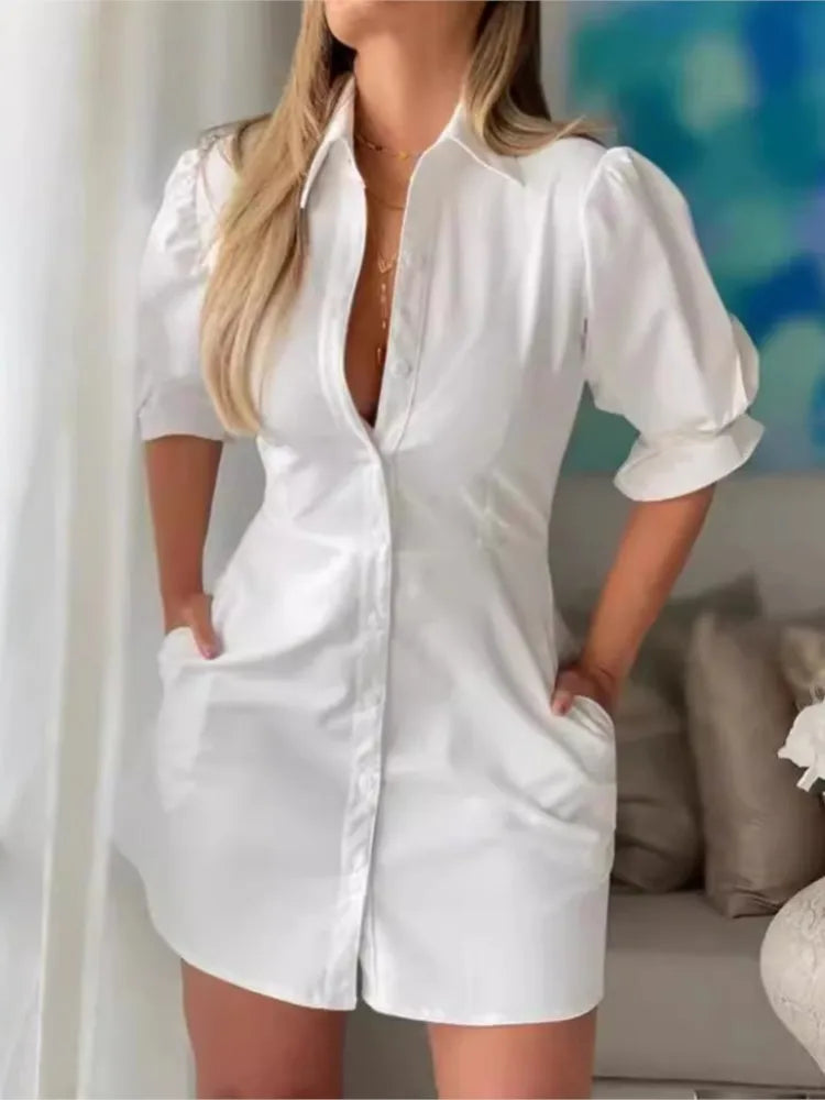 Summer Fashion White Turn-down Collar Shirt Mini Dress Elegant Women Casual Lantern Sleeve Button Pocket High Waist Slim Dresses - Seprincess