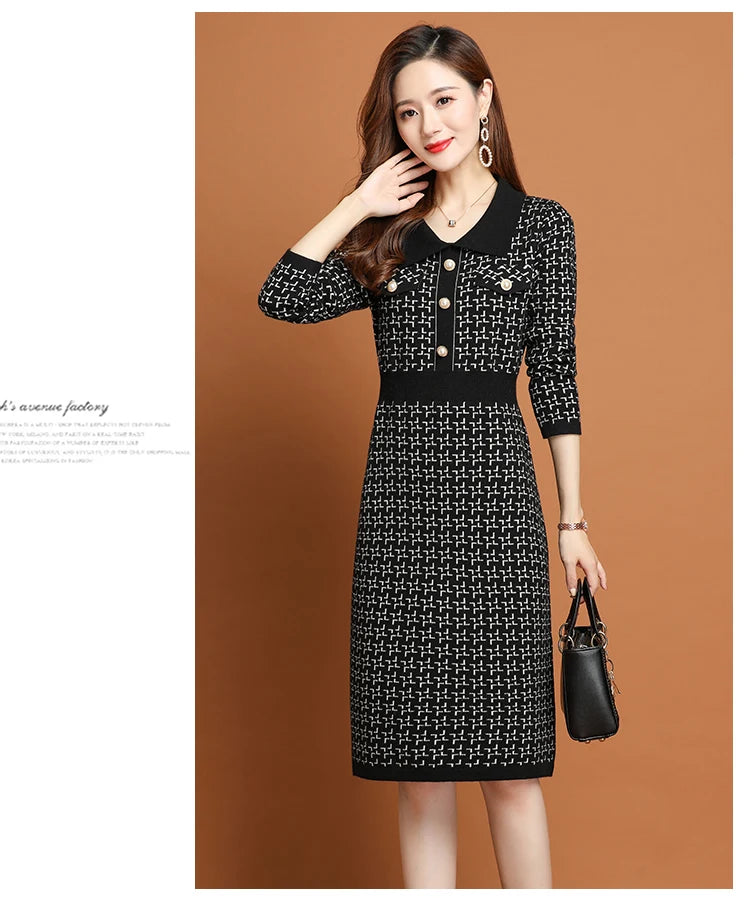 Office Lady Korean Fashion Knitted Solid Slim Dress Women's Winter Long Sleeve Warm Elegant Knee Length Tunics - Seprincess