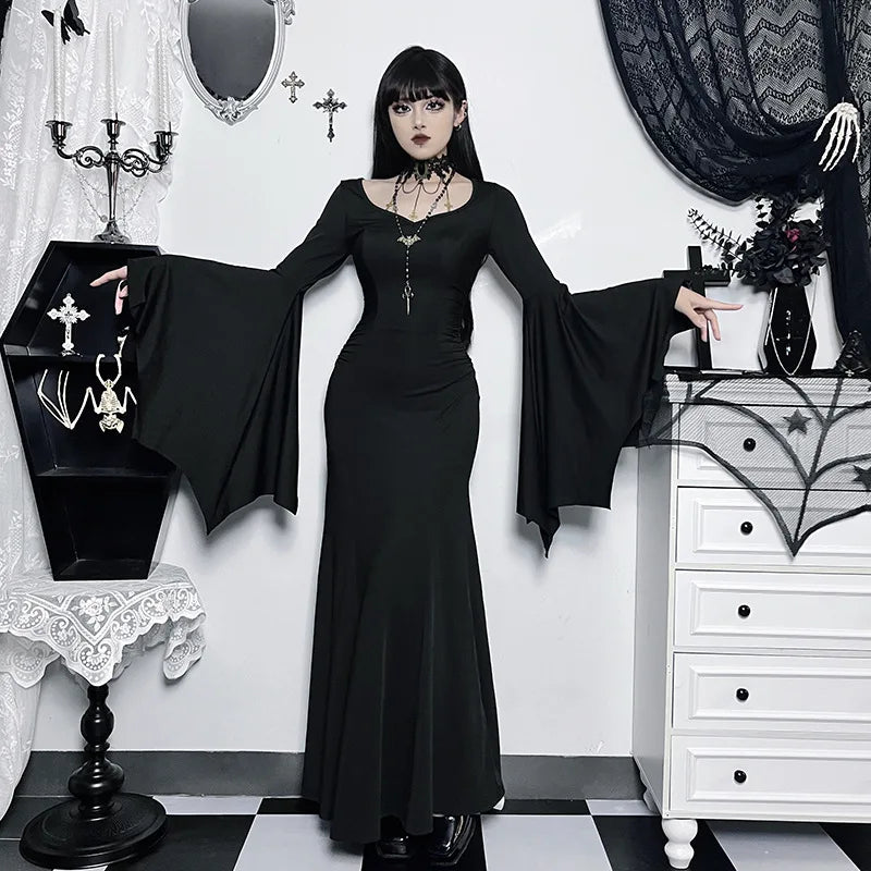 Halloween Gothic Vintage Dress Women Square Neck Patchwork Spider Web Flare Sleeves Cosplay Long Party Dress - Seprincess