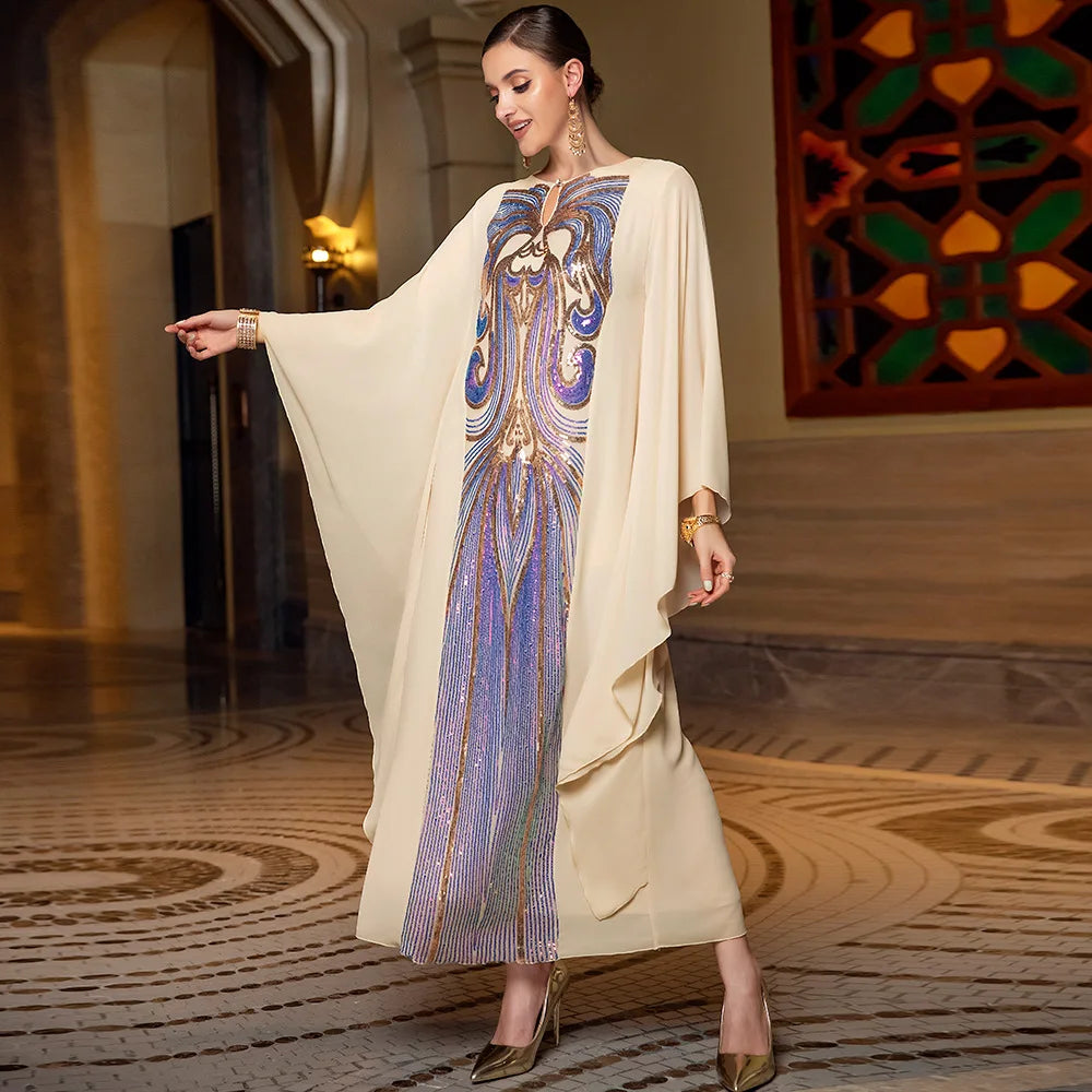 Multicolor Sequins Arabic Dress Chiffon Butterfly Sleeves Dubai Saudi Party Evening Gown Muslim Abaya Ramadan Eid Kaftan Islam - Seprincess