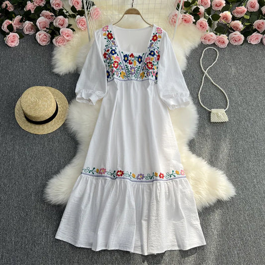 Spring/Summer Women's Travel Vacation Vintage Long Dress Bohemian Ethnic Style Embroidered Waist Tie up Cotton and Linen Dress ? - Seprincess