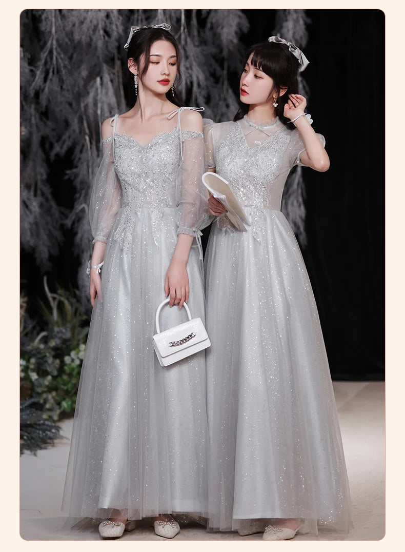 Temperament grey bridesmaid dress 4 Styles Applique Sisters Group Graduation Evening Dresses Simple Wedding Female Guest Dress