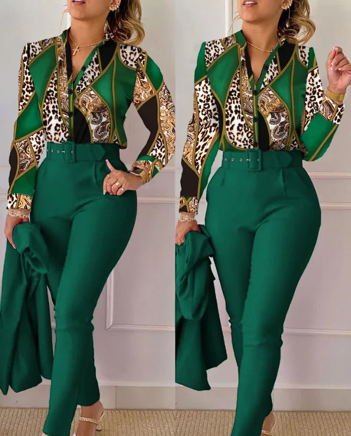 Elegant Women Printed Two Piece Suit Sets Spring Autumn V Neck Long Sleeve Shirt Top & Long Pants Set With Belt Workwear Outfits - Seprincess