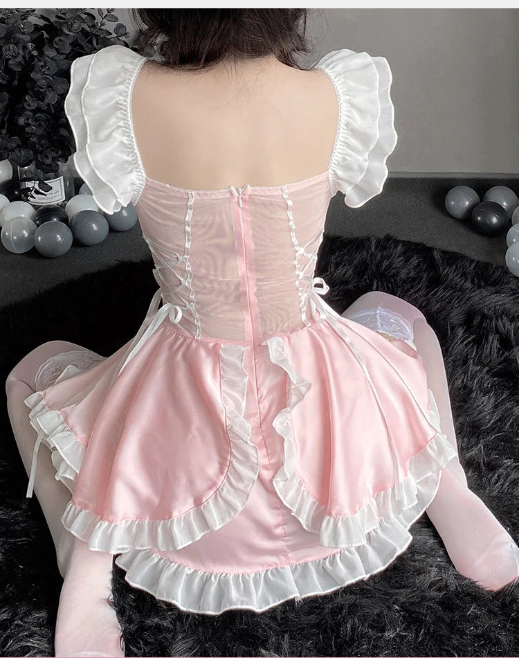 Erotic lingerie Maid's fluffy skirt with mesh transparent bow and lace Sexy women's costume 18 roles іgary Sex toys Sexy clothes - Seprincess