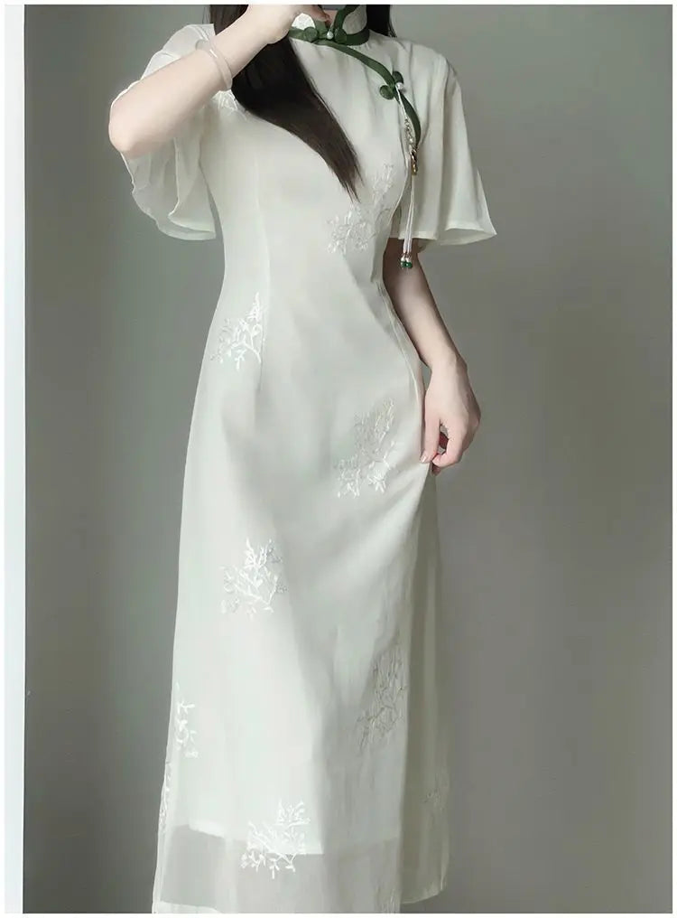 Women White Chiffon Embroidered Inverted Long Sleeve Qipao 2023 Summer New Cheongsam Chinese Style Girl Wen Wan Lady Dress - Seprincess