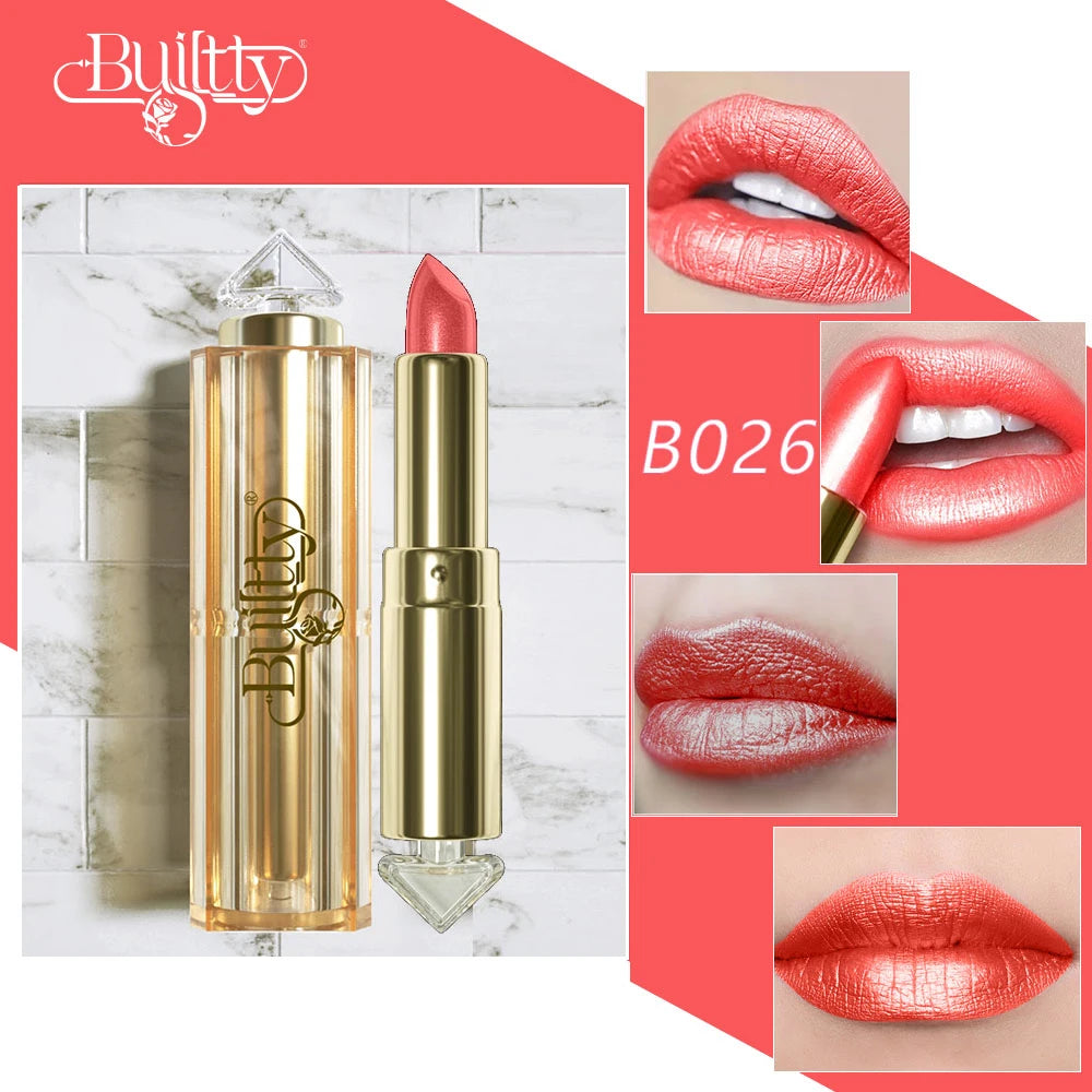 Korea Cosmetics Glitter Lipstick Coral Pink Lipstick Sparkling Metallic Glitter Long Lasting Smooth Shimmer Pearl for Women - Seprincess