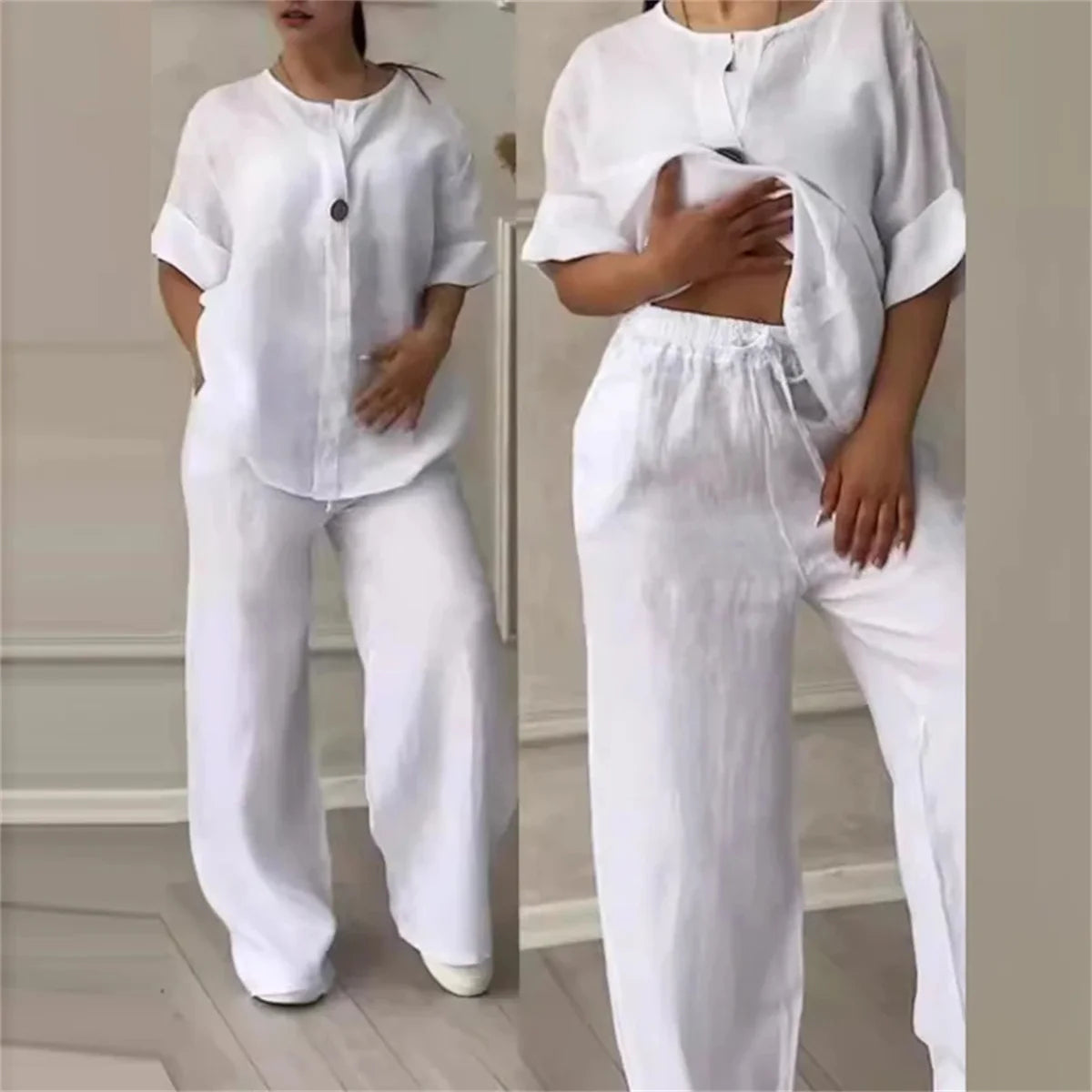 Solid V Neck Loose Suit V Neck One Button Long Sleeve Top Wide-leg Pants Women Outfit Comfortable Two piece Set Casual 2PCS 2024 - Seprincess