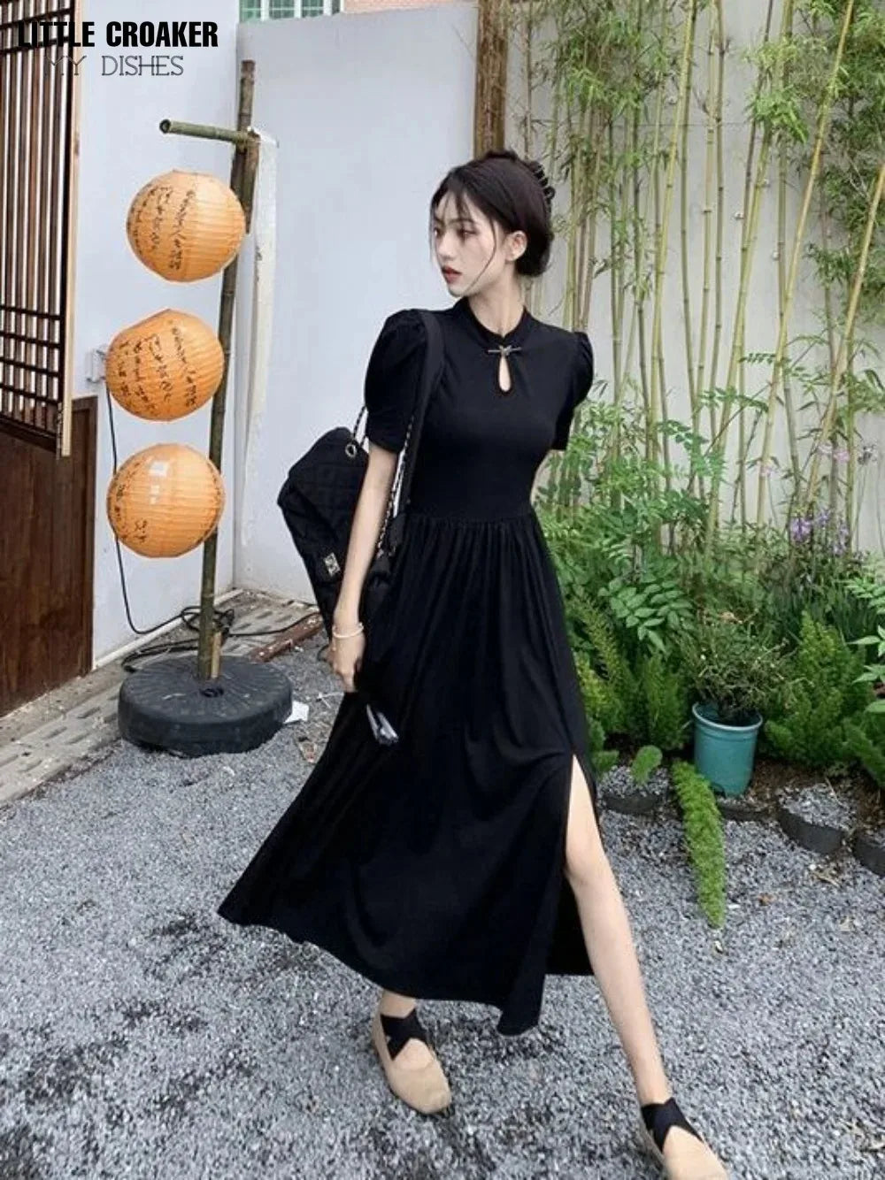 New Chinese Style Improved Cheongsam Dress New Summer Qipao Temperament Black Large Swing Split Midi Qi Pao Dress Woman - Seprincess