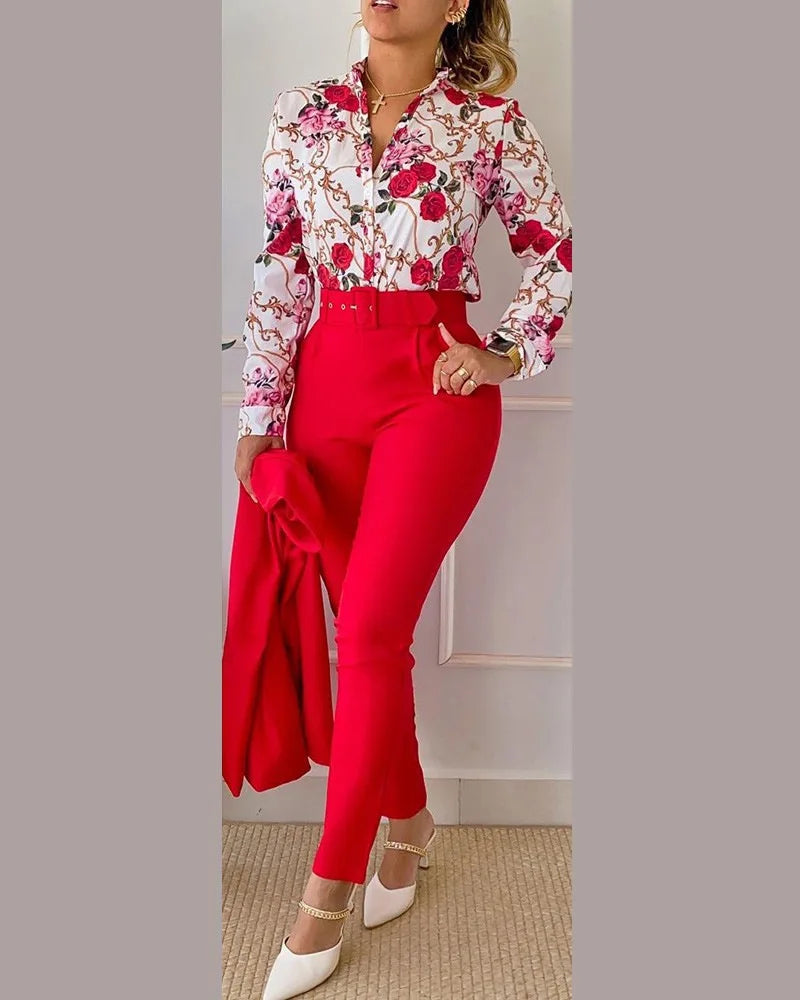 Elegant Women Printed Two Piece Suit Sets Spring Autumn V Neck Long Sleeve Shirt Top & Long Pants Set With Belt Workwear Outfits