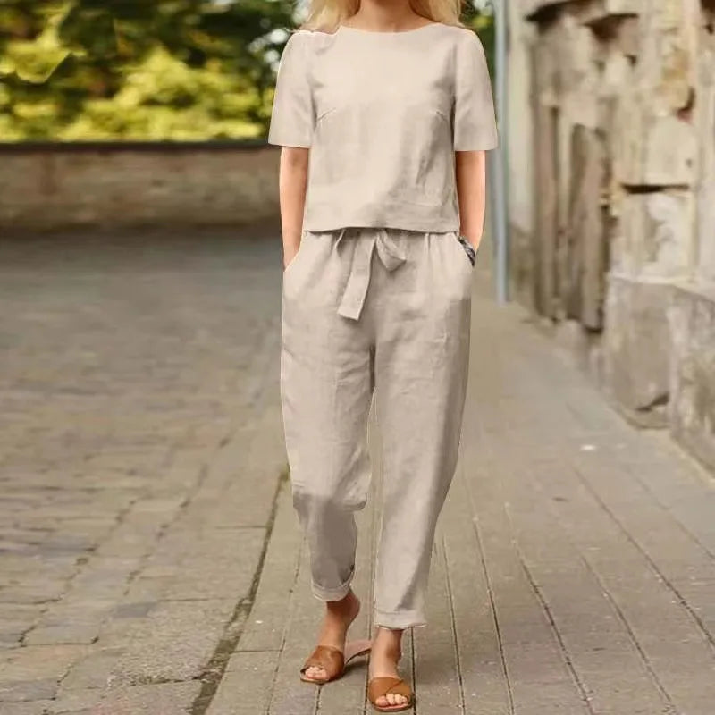 Casual Elegant Ladies 2 Piece Sets Fashion Spring Cotton Linen Women's Tracksuit Suit Long Sleeve Top Loose Pants Set Female - Seprincess