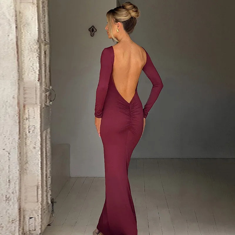 Cryptographic Elegant Open Back Ruched Sexy Bodycon Maxi Dress Birthday Outfits for Women Long Sleeve Dresses Gown Club Party - Seprincess