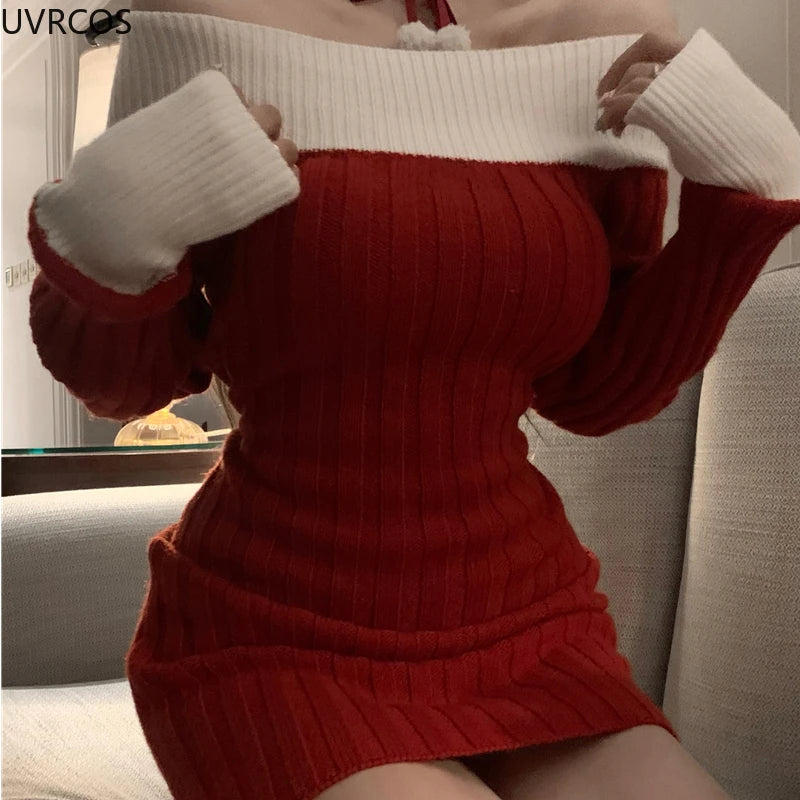 Sexy Red Christmas Dress Women Autumn Winter Korean Style Slash Neck Bodycon Knitted Dresses Female Elegant Y2k Party Mini Dress - Seprincess