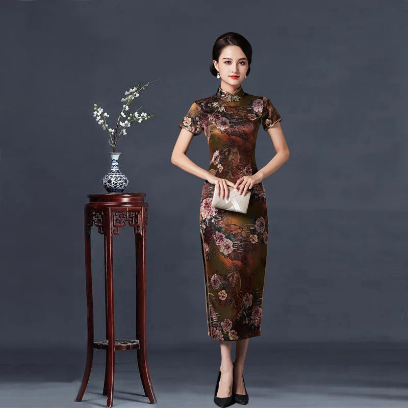 2023 New Vintage Long Cheongsam Women Sexy Slim Split Qipao Classic Chinese Traditional Dress Print Flower Evening Party Dress - Seprincess