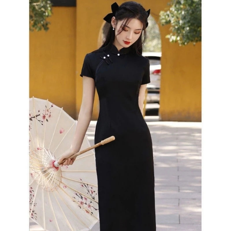 Chinese Dress Qipao Modern Women Black Slim Long Cheongsam Traditional Harajuku Hanfu Robe Orientale Vintage Vestido Mujer - Seprincess