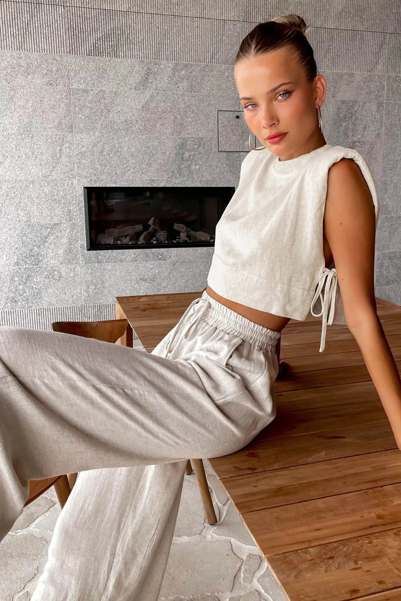 Women Holiday Linen Pant Set Crop Tops Solid Outfits 2 Two Piece Matching Set for Women Sleeveless Casuals Fashion Summer 2023