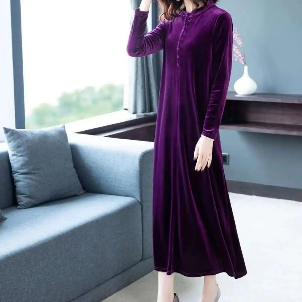 Spring Autumn Women Dress Solid Color Long Sleeves Button Female Maxi Dress Keep Warm Velvet O Neck Mid-calf Length Lady Dress - Seprincess