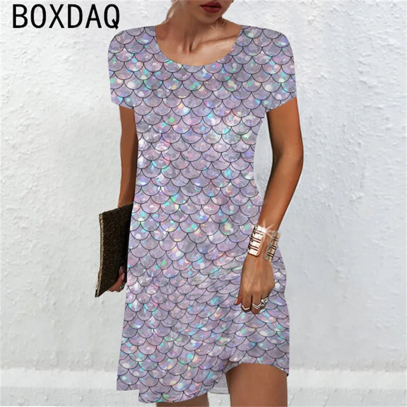 Women Short Sleeve O-Neck A-Line Mini Dress Sexy Snake Colorful Scale Pattern Printed Dress Large Size Lady Casual Sundress - Seprincess