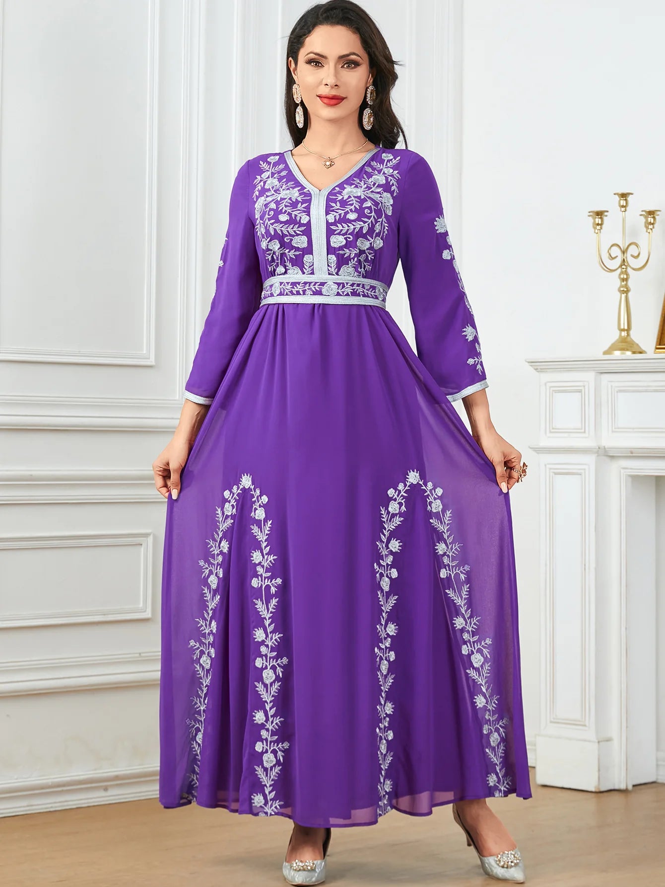 Uni Fashion Muslim Dubai Morocan Islamic Abayas V-Neck A-Line Neck Belted Kaftan Floral Embroidery Arabic Robe For Woman - Seprincess