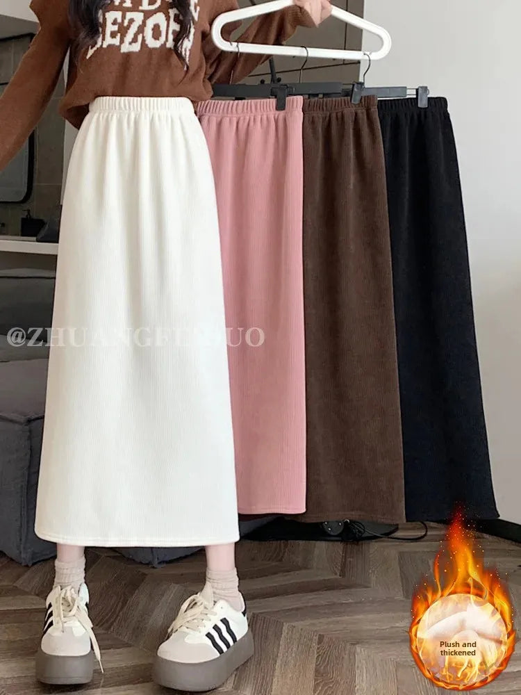 Thickened Fleece-Lined Corduroy Skirt Women's Autumn/Winter 2024 New Medium-Length A- Line Skirt With Side Slit High-Waisted