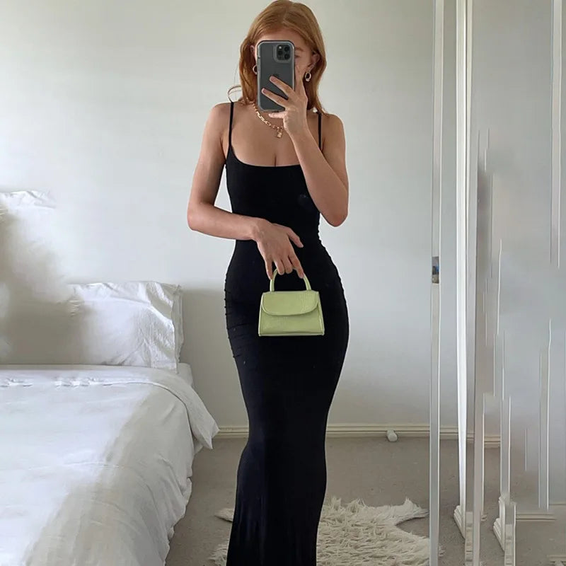 2024 Summer Dresses For Women Sexy Spaghetti Strap Black Long Dress Y2k Sleeveless Solid Skinny Bodycon Trumpet Maxi Vestidos