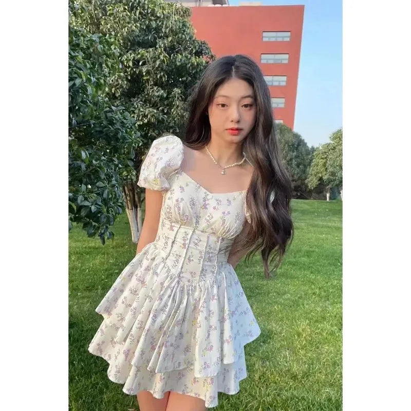 Preppy Style Dresses for Women Lovely Girls Fashion Floral Design Mini Sweet Chic Korean Young Summer Clothing All-match Casual - Seprincess