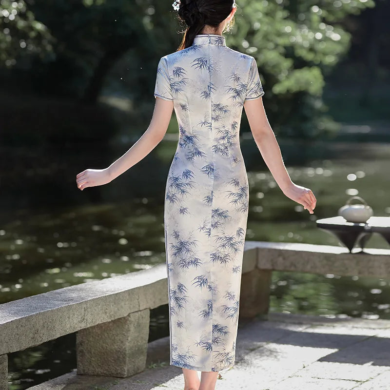 Summer Handmade Printed Satin Long Qipao Traditional Chinese Mandarin Collar Short Sleeve Cheongsam - Seprincess