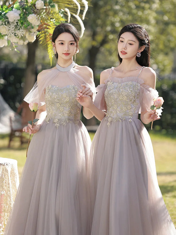 Temperament Grey Bridesmaid Dress Long Wedding Sisters Group Gown Elegant Applique Tulle Off Shoulder Banquet Party Vestido - Seprincess