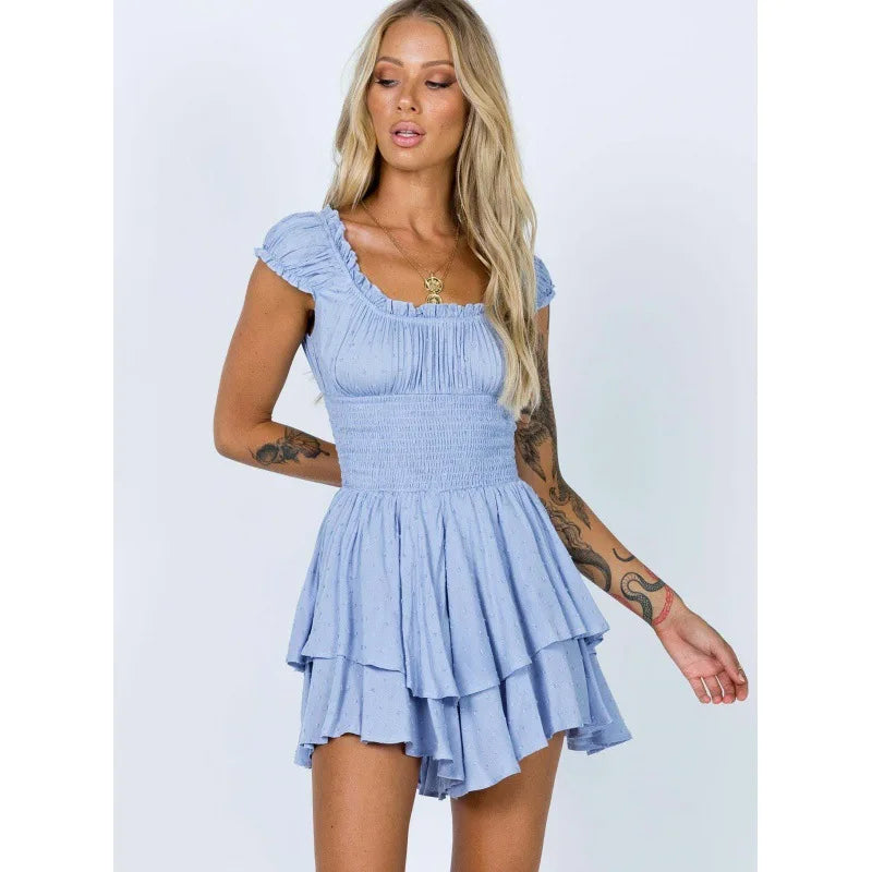 2024 Short Sleeve White Dress Women‘s Summer Dress Fashion Ruffle Mini Dress Sexy Strapless Dress - Seprincess