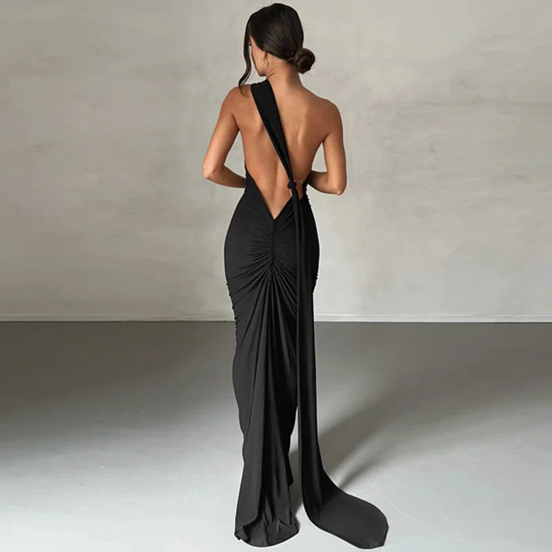 Womens Elegant Evening Party Cocktail Long Dress Sexy Backless Open Back Ruched Slim Bodycon Formal Wedding Guest Maxi Dress - Seprincess