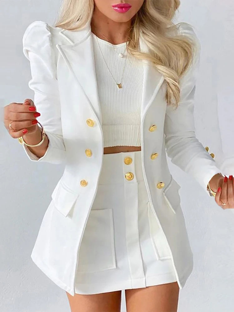 New Lady Office Solid Color Puff Sleeve Suit + High Waist Button Skirt Two-Piece Set Women Spring Fashion Blazer Commute Outfits - Seprincess