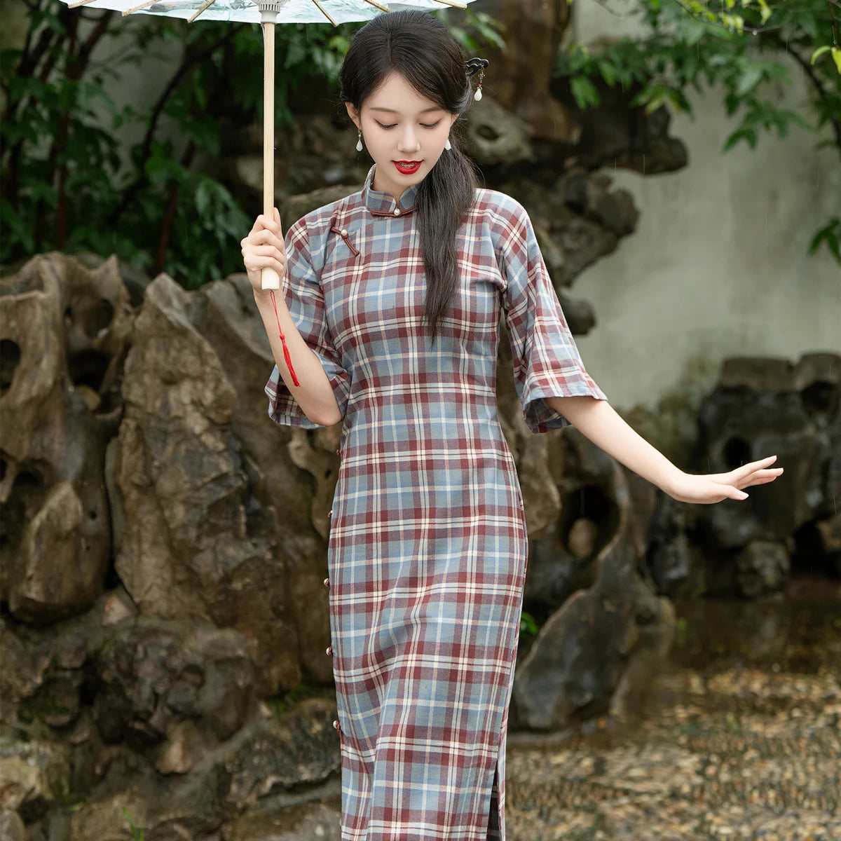 2024 Chinese Vintage Plaid Dress Women Plus Size Cheongsam 100% Cotton Qipao Long Improve Traditional Dresses 23622 - Seprincess