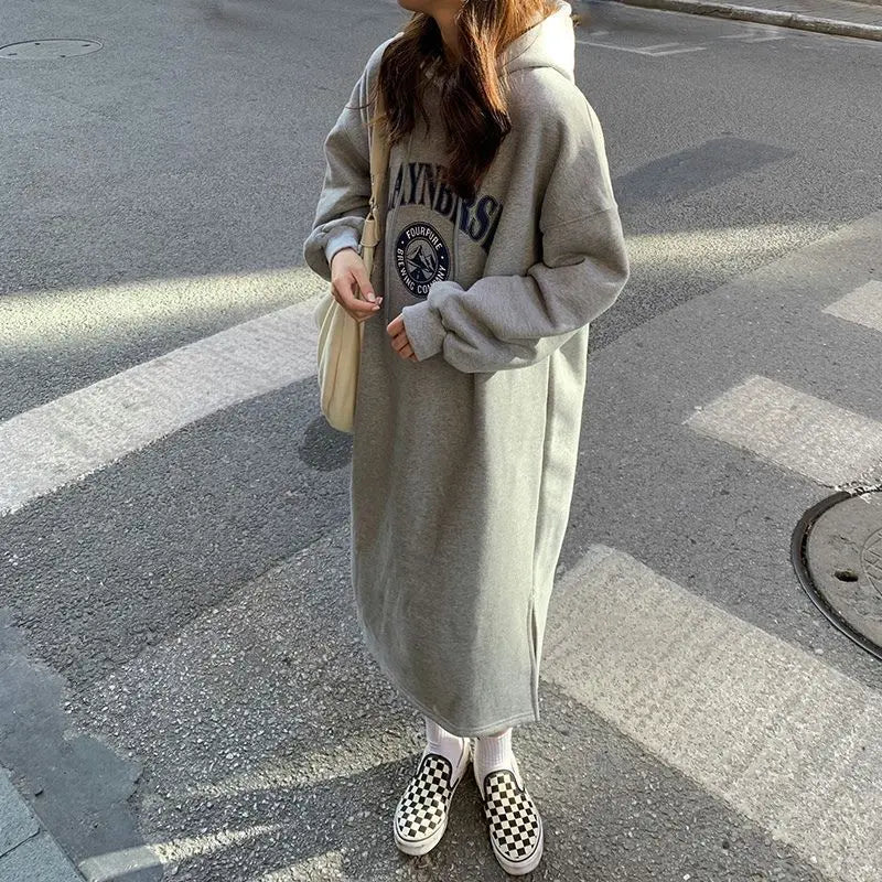 Autumn Winter Women Fleece Thicken Hooded Dress Print Letter Drawstring Korean Fashion Loose Midi Side Slit Oversized Dresses - Seprincess